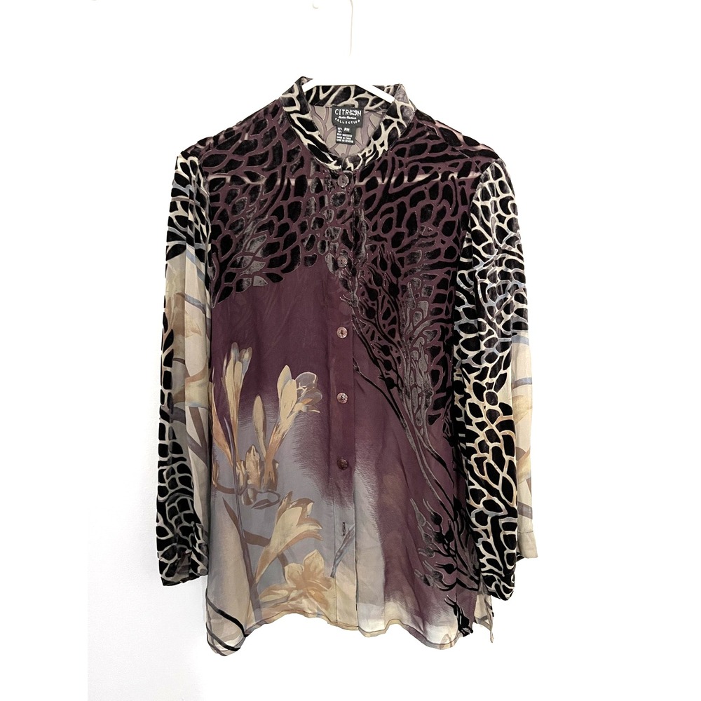Citron Santa Monica Shirt Womens PM Purple Sheer Burnout Velvet Silk Floral